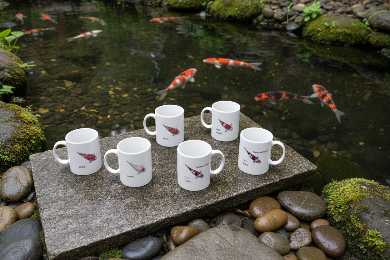 Koi Breed Mugs beside a Koi Pond